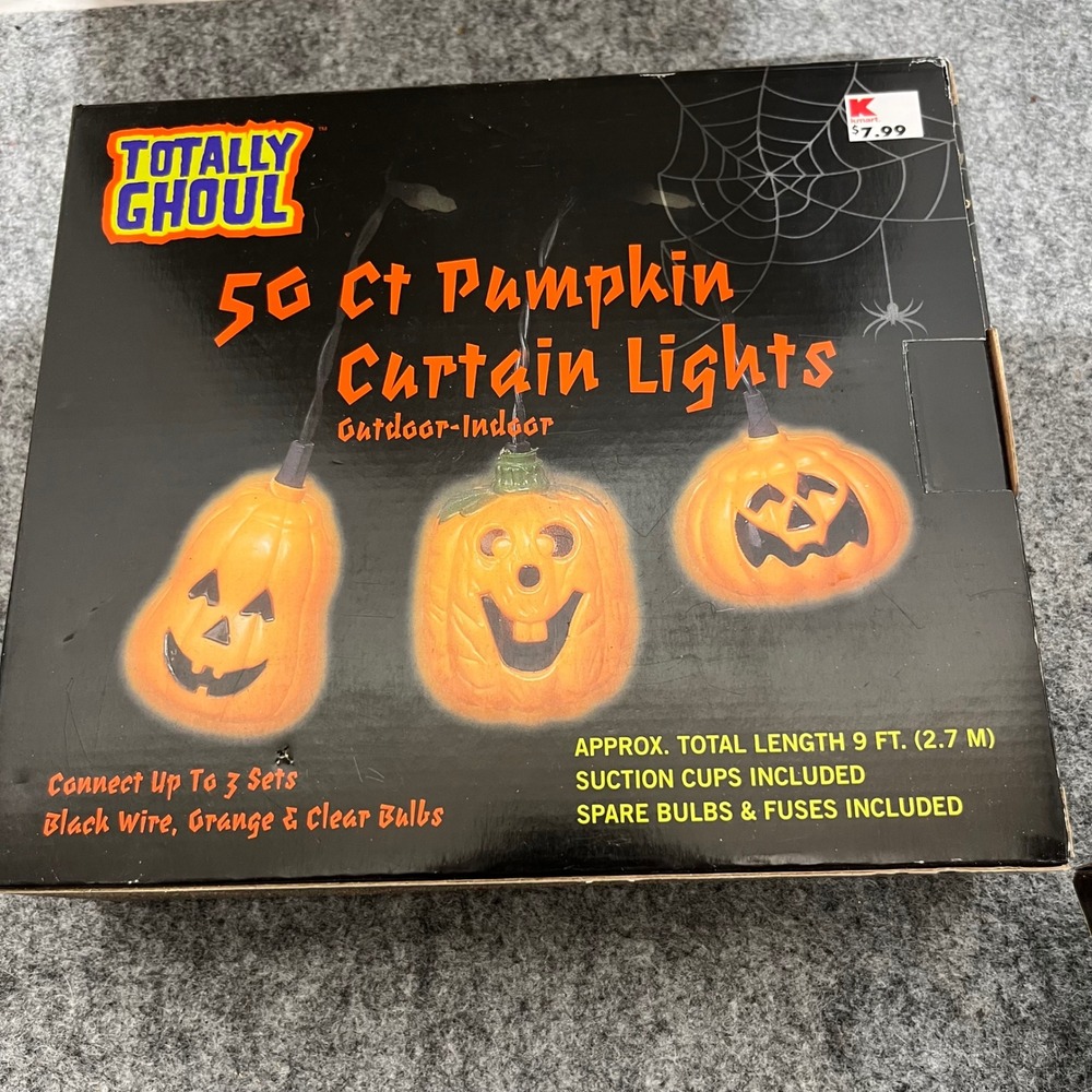 Vintage Totally Ghoul 50 Ct Pumpkin Curtain Lights Halloween Indoor Outdoo 9 Ft